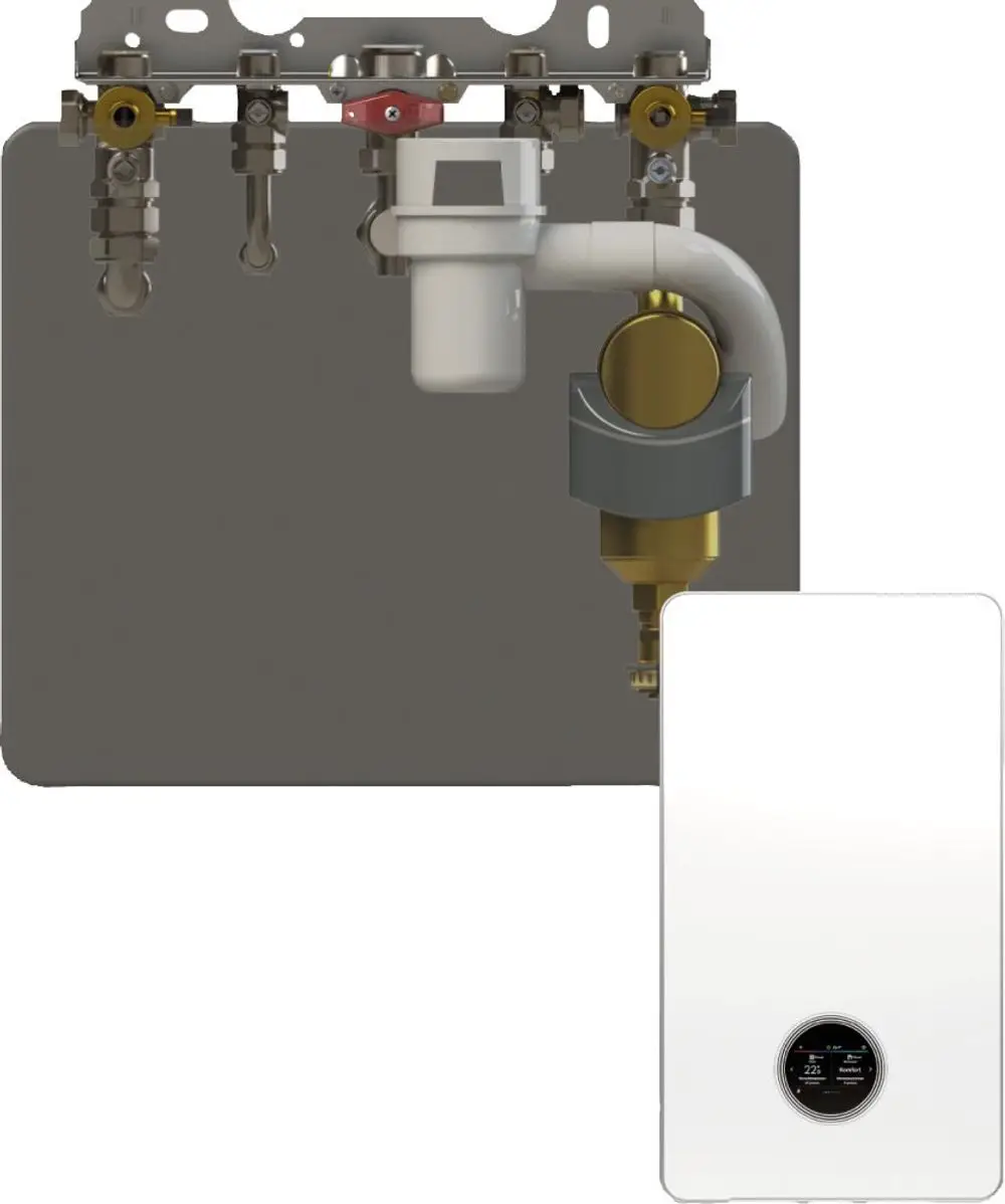 Bosch Heizgerät mit angeschlossenen Rohrleitungen, Ventilen und einem Display, das die Betriebsdaten anzeigt. Montiert an einer Wandplatte.